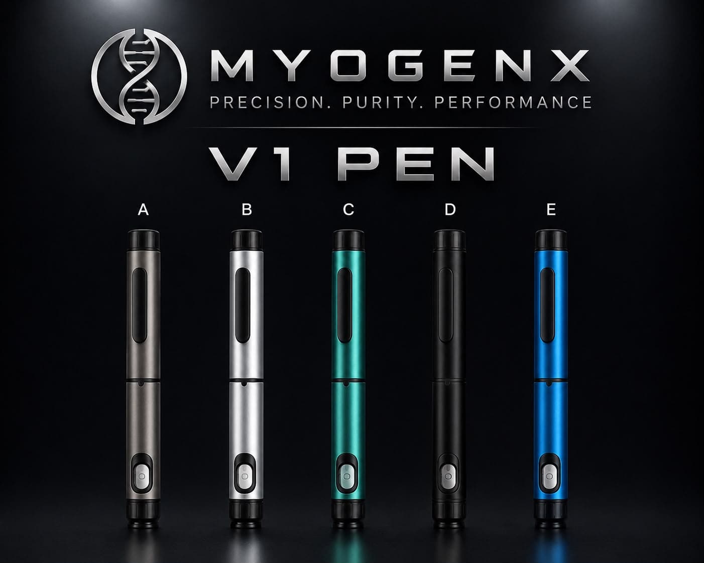 V1 Reusable Dosing Pen, MYOGENX. Anodised aluminium, 80 IU, five cartridges included.